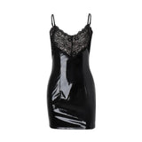 Lace Patchwork Pu Leather Slip Mini Dress-Outfit