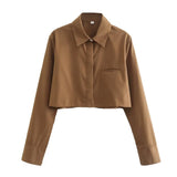 Trend Women's Lapel Long Sleeves Chest Pocket Short Shirt Single-Breasted Solid Color Blouse-Outfit
