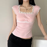 Aesthetic Lace Trim Short Sleeve Tee-Outfit