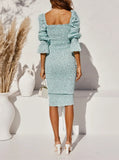 New Package Hips Dot Print Long sleeve Dress Elegant Women Lacing up Elastic Ruched Mid Long Party Dresses Slim fit