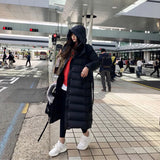 Down Jacket Female 2024 New Long Over The Knee Waist Hooded Belt Winter Net Red And White Duck Down Coat Tide-Outfit