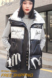 Down Vest Jacket Women Autumn Winter Patchwork Letter Print Stand Collar White Duck Down Waistcoat Lady Outerwear Tank