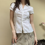 Solid Color Button Down Short Sleeve Blouse-Outfit
