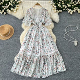 Fongt Dress Women's Summer High-End Feeling V-Neck Lace Splicing Bubble Sleeves To Close The Waist Of The Chopped Snowy Dress