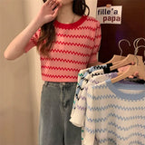 Fongt Ice Silk Striped Knitted Short-Sleeved T-Shirt For Women's 2023 Summer New High-Waisted Loose Bubble Sleeve Short