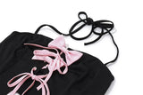Black Halter Bow Tie Up Top And Mini Skirt Set-Outfit