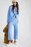 Women's Autumn Knitting V-Neck Long Sleeve Jacket Loose Casual Pants Leg Trousers Two-Piece Set-Outfit