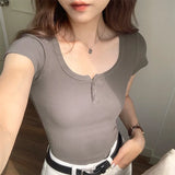 Short-Sleeved T-Shirt Women's Half-Open Collar Button Design High Waist Short Style Navel New Summer