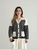 Fongt And Winter Single-Dcup Buckle V-Neck Pocket Knitted Cardigan New Striped Impact Coat