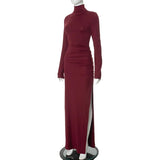 Turtleneck Long Sleeve Draped Slit Maxi Dress-Outfit