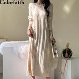 New 2021 Autumn Winter Women Dresses Knitted Vintage Elegant Split Straight Korean Solid Lady Long Dresses