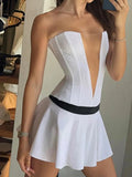 White Tube V-neck Contrast Pleated Mini Dress-Outfit
