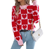 Fongt Autumn And Winter Lattice Love Lantern Sleeve Sweater Valentine's Day Women's Clothing