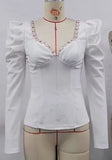Fongt New Women's Lace Lace Decorated With Bubble Sleeves Long Sleeves V-Neck T-Shirt Slim