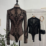 Sexy Velvet Mesh Bottoming Long Sleeve Half-High Collar Slimming T-Shirt Top