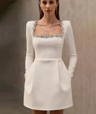 Square Collar Diamond Long Sleeves White Mini Dress-Outfit