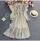 Fongt And Autumn Gentle Wind Korean Version Of Sweet Round Collar Lote Side To Receive Waist Thin A Word Broken Flower Chiffon Dress Woman