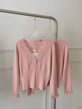 Sweet Soft Wool Cardigan Slim Women Patched Lace V Neck Full Sleeve Solid Color Autumn Spring Sweater Shirts-Outfit