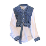 Autumn Casual Denim Patchwork Shirt Women's Clothing Commute Turn-down Collar Stylish Sashes Basic Single-breasted Blouse-Outfit