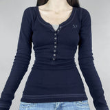 Vintage Embroidery Top-stitching Breasted Long Sleeve Tee-Outfit
