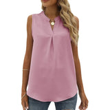 Solid Color Chiffon Leisure Shirt Loose V-neck Pullover Sleeveless Top