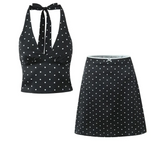 Satin Black Polka Dot Bow Halter Tank Top And MIDI Skirt Set-Outfit