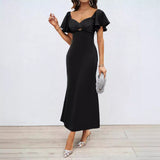 Fongt New Women's Temperament Solid Color Peach Heart Temperament Short-Sleeved Long Dress Dress Woman