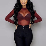 Women T Shirt See Through Transparent Mesh Tops Long Sleeve Sheer Slim Ladies Turtleneck