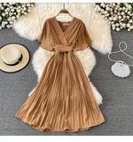Fongt New V-Neck Short-Sleeved Dress Over Knee-Repaired Lady's Waist Tie Mid-Slap Dress