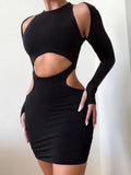 Long Sleeve Women Dresses Cut out Two Layer Elastic Bag Hip Bodycon Short Dress Spring Casual Sexy Street Black
