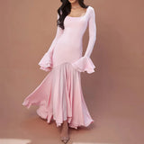 Pink Long Sleeve Ruffle Flare Maxi Dress-Outfit