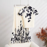 Fongt Fashion Set Women's Summer French High-Grade Folding Print Short-Sleeved Top + Loose A Word 100-Fold Long Skirt