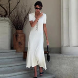 Fongt Summer New Women's Pure Color Collar Simple Long Dress