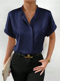 Women's Dress Solid Color Satin Short-Sleeved Shirt With Shoulder Collar Short-Sleeved Shirt Satin Shirt-Outfit