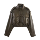 Fongt Women's Long-Sleeved Imitation Leather Short Jacket Jacket