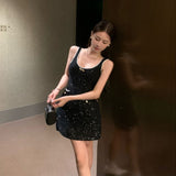 Sequin Sexy Strap Dresses Spring New Slim Fit Bodycon Dress for Women Y2k Fairycore Sleeveless Black Vestidos Mujer-Outfit