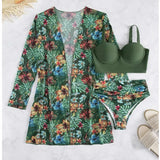 Fongt New Sexy Bikini Mesh Three-Piece Set Gathered Print Split Swimsuit
