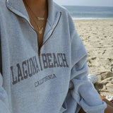 Letter Embroidery Sweatshirt Women Oversized Vintage POLO Collar Casual Pullovers 2023 Autumn New Girls Warm Cotton