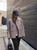 Vintage Brown Woolen Double Breasted Coat Women's V-Neck Thickened Warm Coat-Outfit