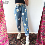 Little Daisy Jeans For Women 2020 Autumn Winter Spring Blue Zipper Print Mom Denim Trousers Vintage Fashion Pants