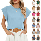 2024 New Round Collar Solid Color Shoulder-Inserted Sleeve Casual T-Shirt-Outfit