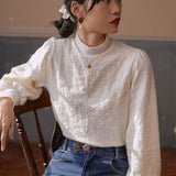 Half Turtleneck Lace Blouse Knitted Pullover Puff Sleeves Fashion Women Autumn Shirts