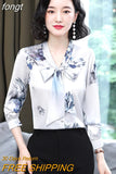 Silk Blouses Women Satin Print Blouse Women Long Sleeve Shirts Woman V-neck Silk Blouses Ladies Floral Blouse for