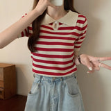 Careful Machine Striped Small Clip Red Short Sleeve Knitted Shirt Girl Summer New Design Sensational Small T-Shirt