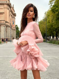 Frill Buttoned Long Sleeve Midi Dress-Outfit