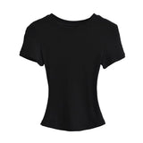 Trend Women's Wear Thread Slim Short-Sleeved T-Shirt Sexy Round Collar Solid Color Shoulder Show Thin Short Navel Blouse-Outfit
