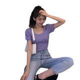 Fongt New Chic Temperament Slimming Foam Sleeve Round Collar Knitted Short-Sleeved T-Shirt White Blouse