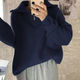 Women Rib Knitting Open Zipper Lapel Sweater 2021 Autumn Vintage Pullover Knitwear Long Sleeve Retro Ladies Knit Jumper