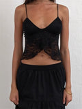 Vintage Women Lace Crop Camis Tops Sleeveless Spaghetti Strap Irregular Hem Tank V-neck Mesh See Through Summer Vest-Outfit