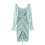 New Package Hips Dot Print Long sleeve Dress Elegant Women Lacing up Elastic Ruched Mid Long Party Dresses Slim fit